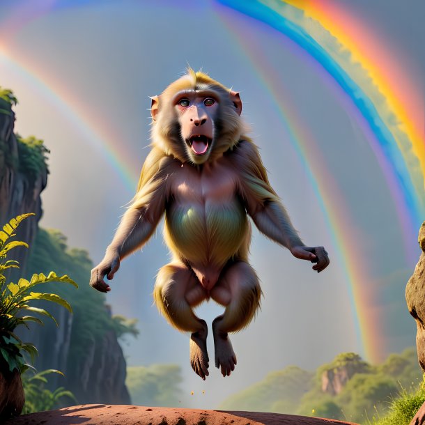 Photo of a jumping of a baboon on the rainbow