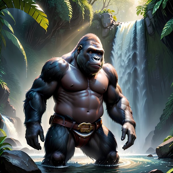 Pic of a gorilla in a belt in the waterfall