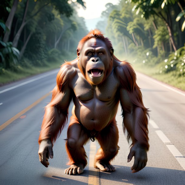 Photo of a angry of a orangutan on the road