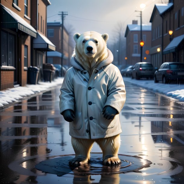 Drawing of a polar bear in a coat in the puddle