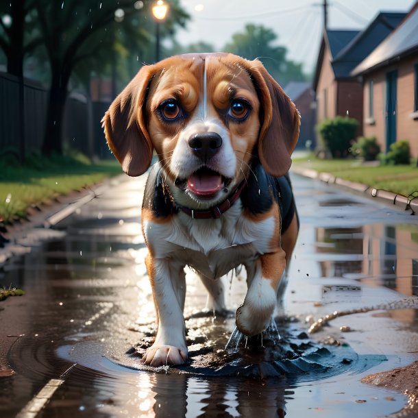 Foto de un enojado de un beagle en el charco