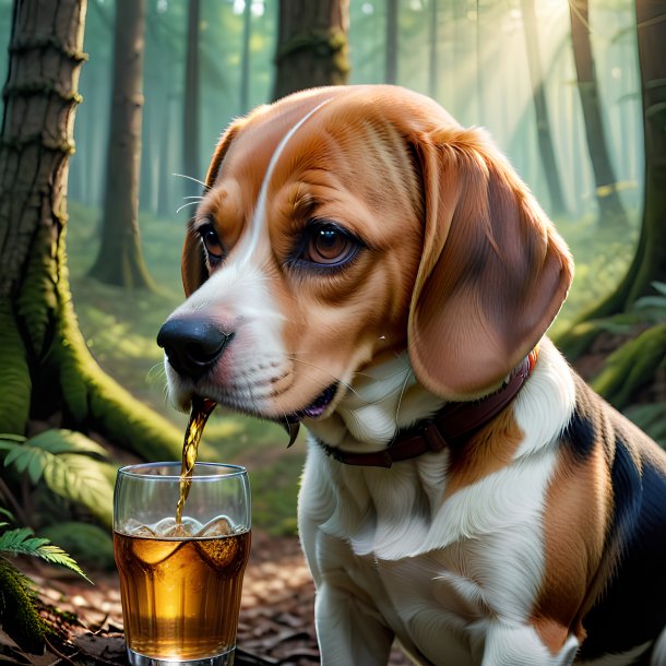 Image of a drinking of a beagle in the forest