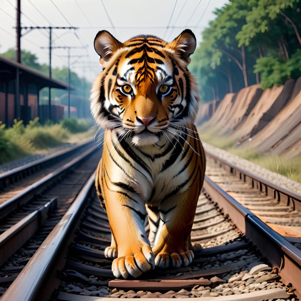 Imagem de um tigre em um cinto nos trilhos ferroviários