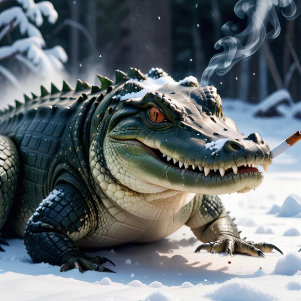 Image of a smoking of a crocodile in the snow