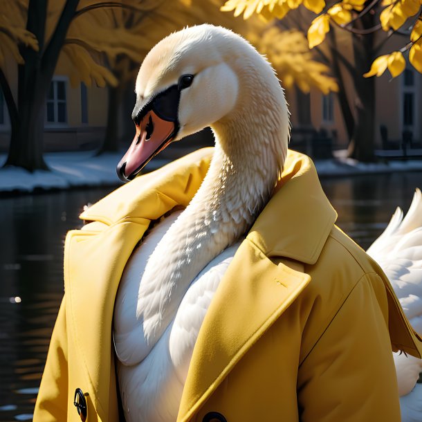 Foto de un cisne en un abrigo amarillo