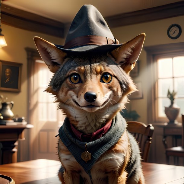 Image of a jackal in a hat in the house