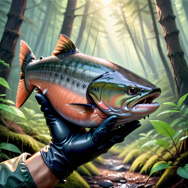 Drawing of a salmon in a gloves in the forest