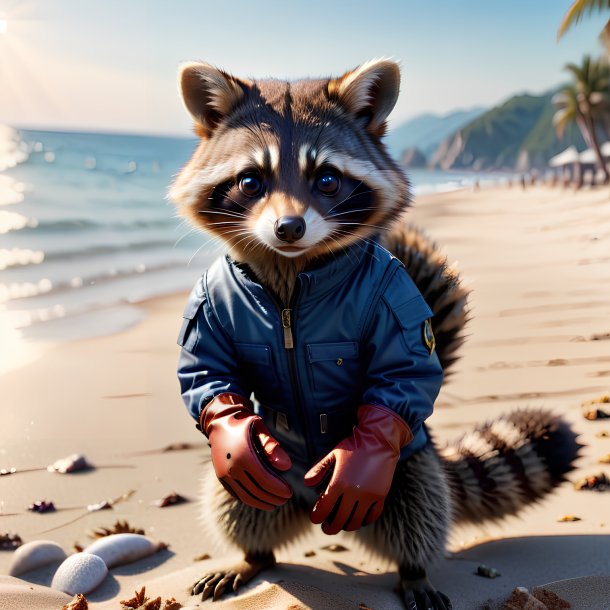 Image of a raccoon in a gloves on the beach