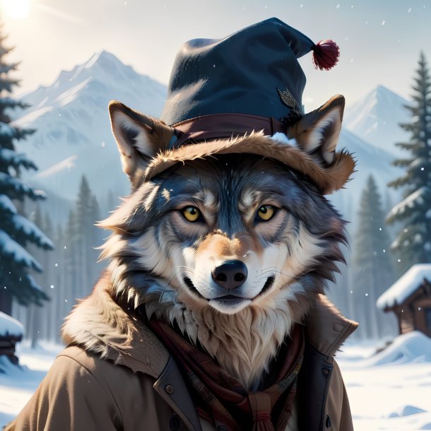 Image of a wolf in a hat in the snow