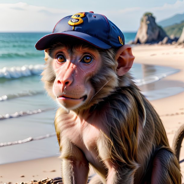 Image of a baboon in a cap on the beach