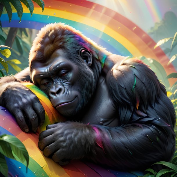 Photo of a sleeping of a gorilla on the rainbow