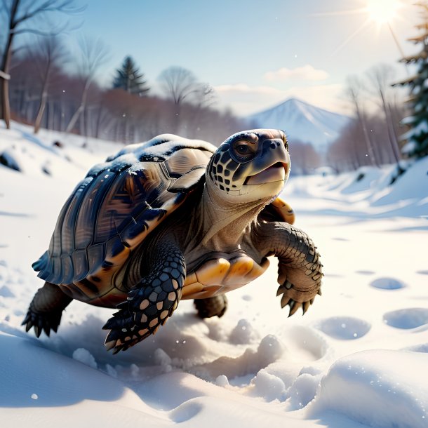 Photo of a jumping of a tortoise in the snow