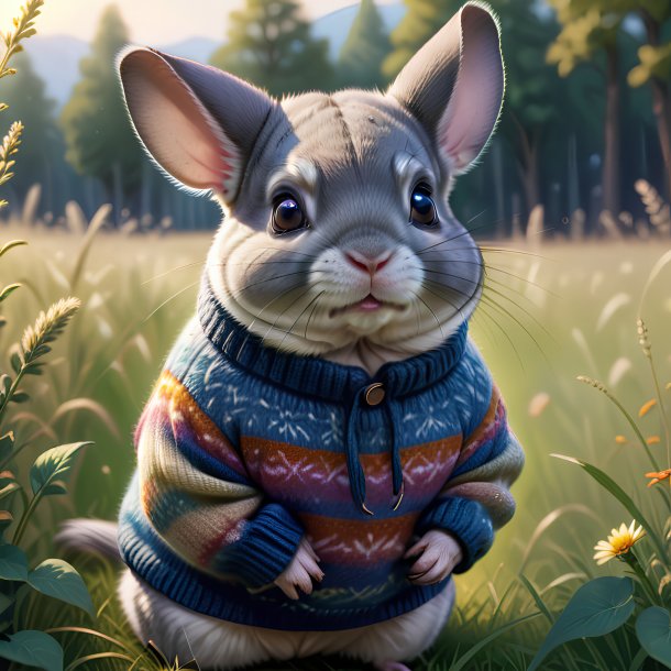 Drawing of a chinchillas in a sweater in the meadow