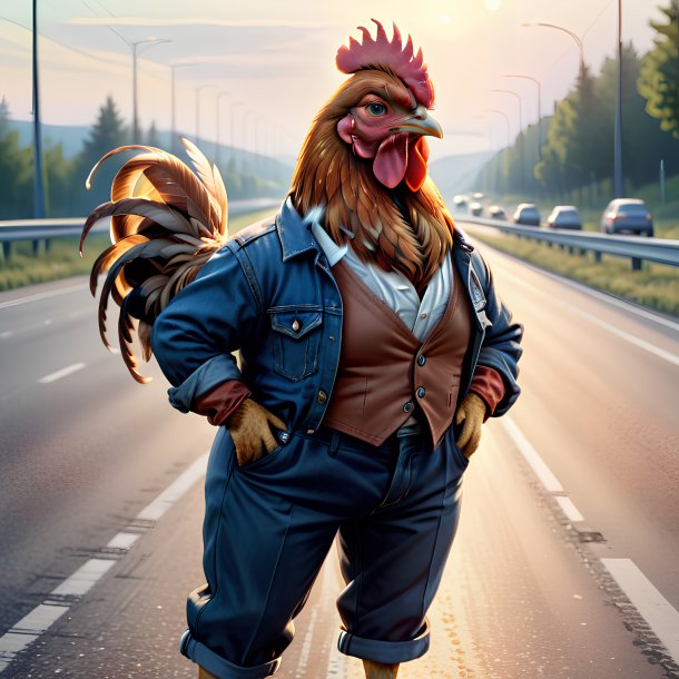 Drawing of a hen in a trousers on the highway