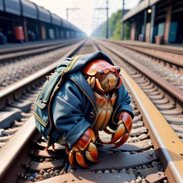 Pic of a hermit crab in a jacket on the railway tracks