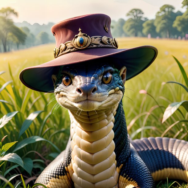 Pic d'un cobra roi dans un chapeau dans la prairie