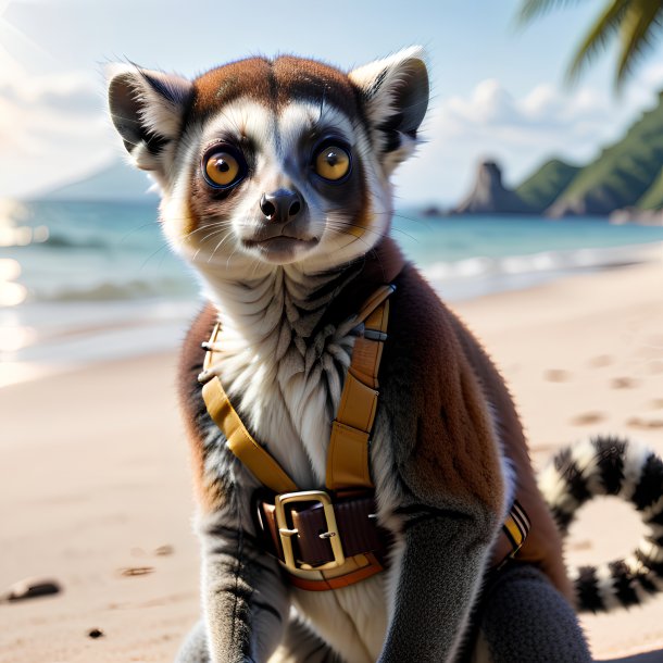 Image of a lemur in a belt on the beach