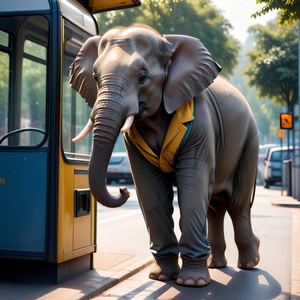 Imagem de um elefante em uma calça no ponto de ônibus