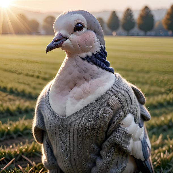 Foto de uma pomba em um suéter no campo