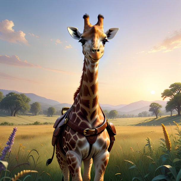 Illustration of a giraffe in a belt in the meadow