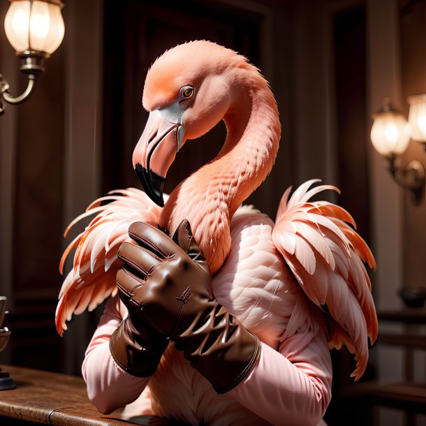 Foto de um flamingo em luvas marrons