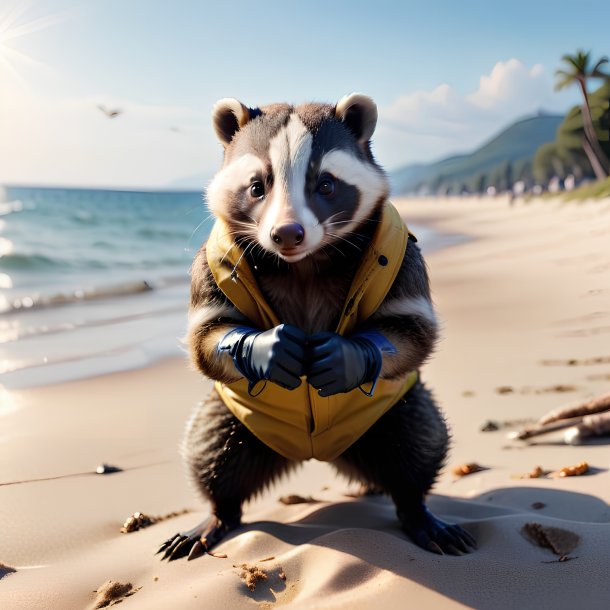 Imagen de un tejón en guantes en la playa