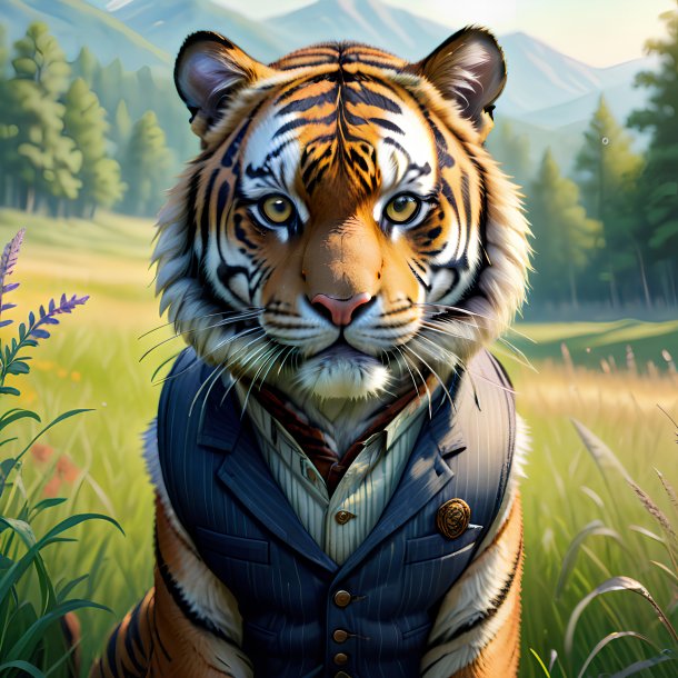 Drawing of a tiger in a vest in the meadow