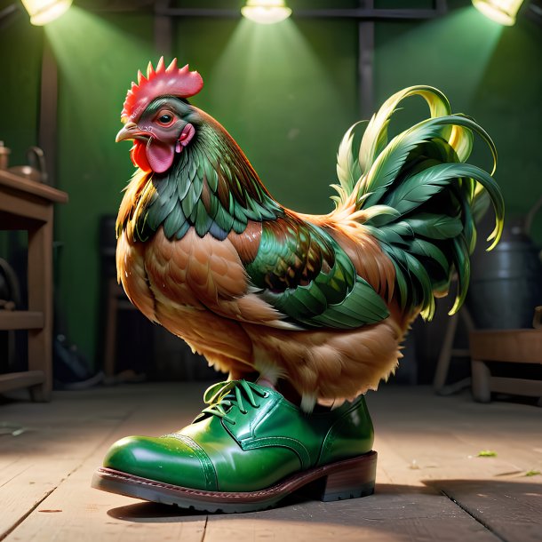 Foto de una gallina en zapatos verdes