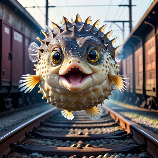 Pic of a jumping of a pufferfish on the railway tracks