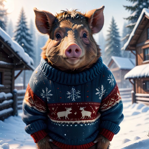 Picture of a boar in a sweater in the snow