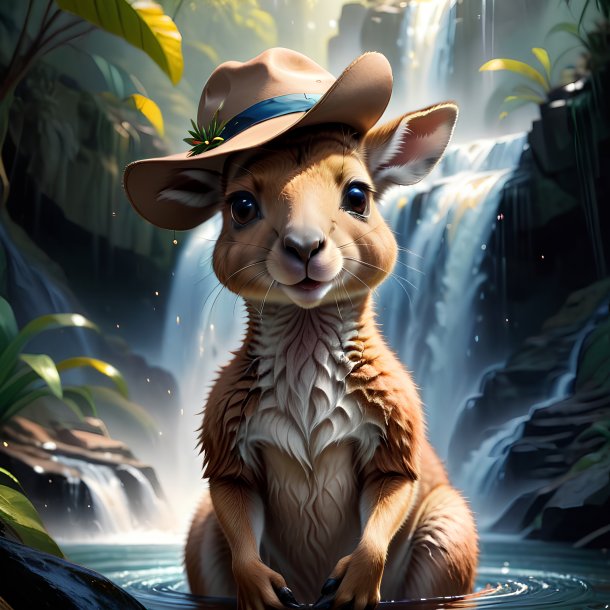 Drawing of a kangaroo in a hat in the waterfall