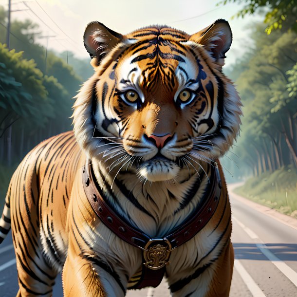 Drawing of a tiger in a belt on the road