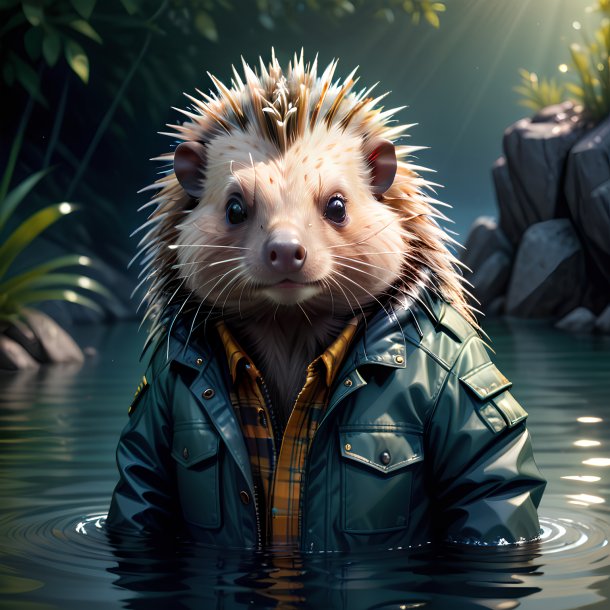 Illustration of a porcupine in a jacket in the water