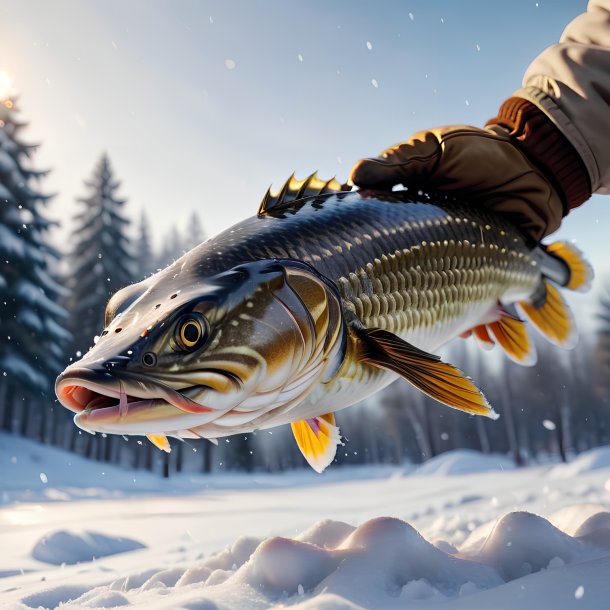 Image of a pike in a gloves in the snow