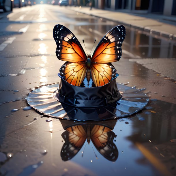 Drawing of a butterfly in a hat in the puddle