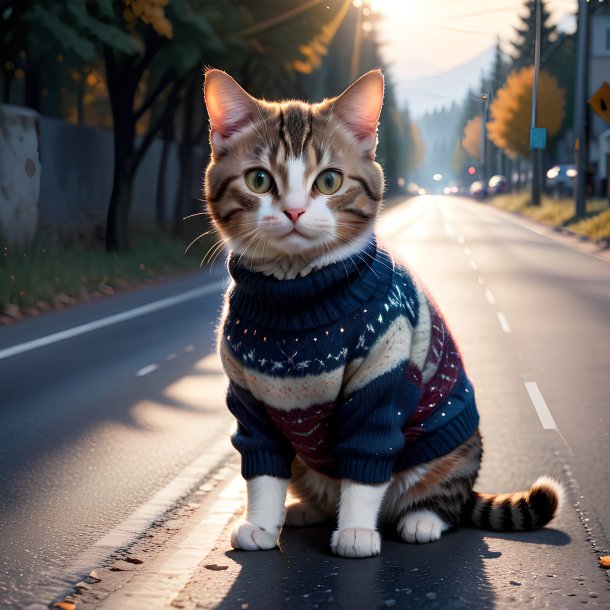 Imagen de un gato en un suéter en el camino