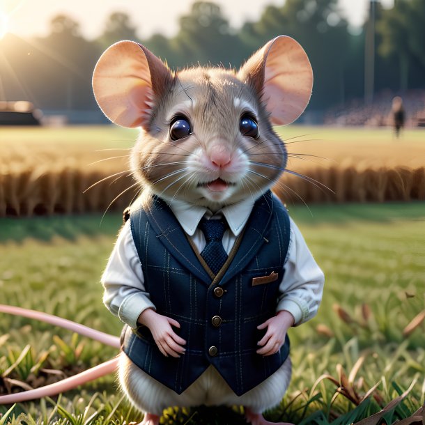 Image of a mouse in a vest on the field