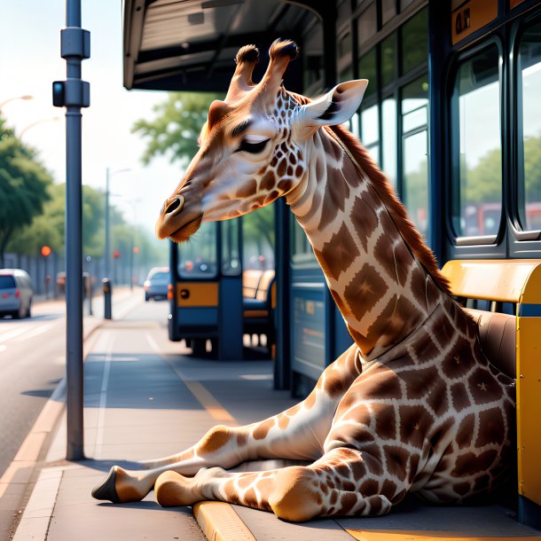 Imagem de um sono de uma girafa no ponto de ônibus