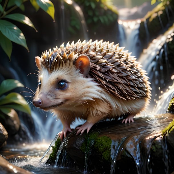 Picture of a playing of a hedgehog in the waterfall