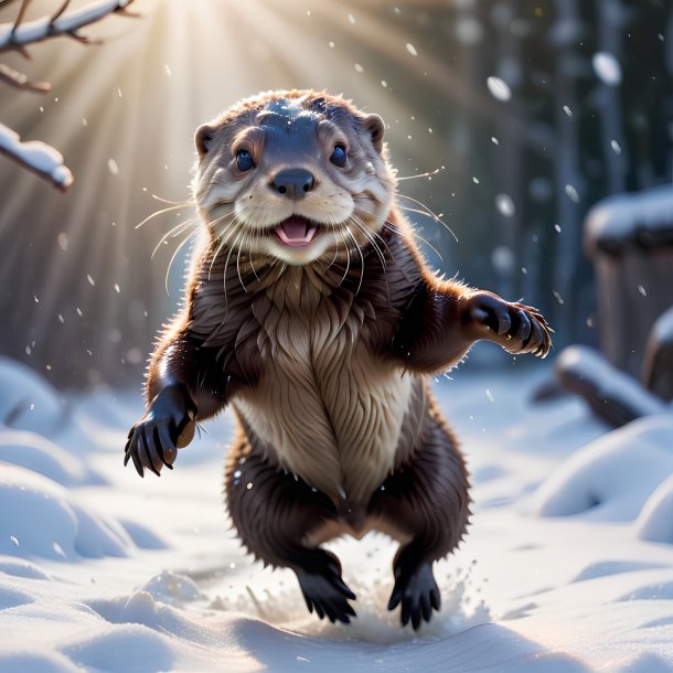 Photo of a jumping of a otter in the snow