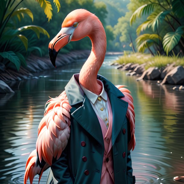 Drawing of a flamingo in a coat in the river