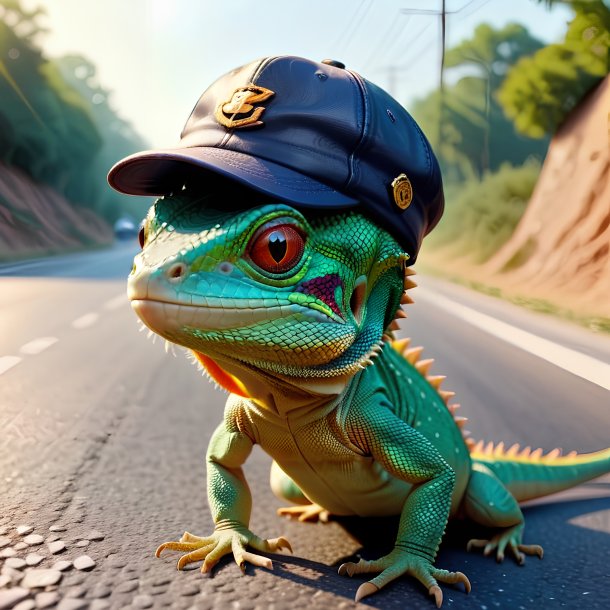 Image of a lizard in a cap on the road