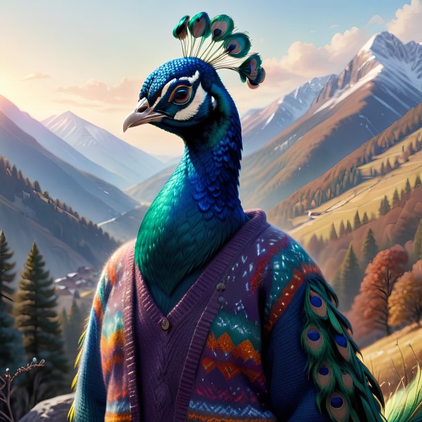 Dibujo de un pavo real en un suéter en las montañas