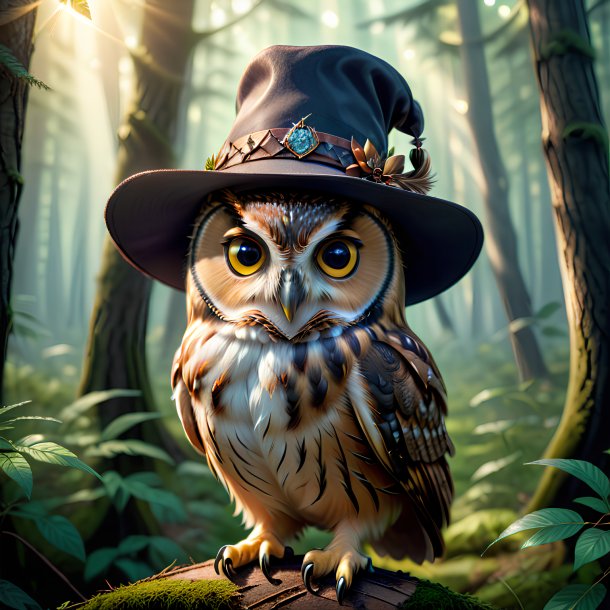 Image of a owl in a hat in the forest