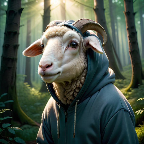 Image of a sheep in a hoodie in the forest