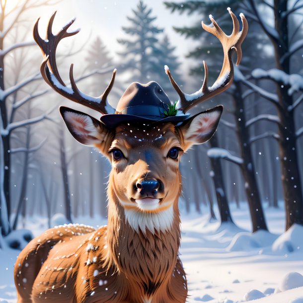 Picture of a deer in a hat in the snow