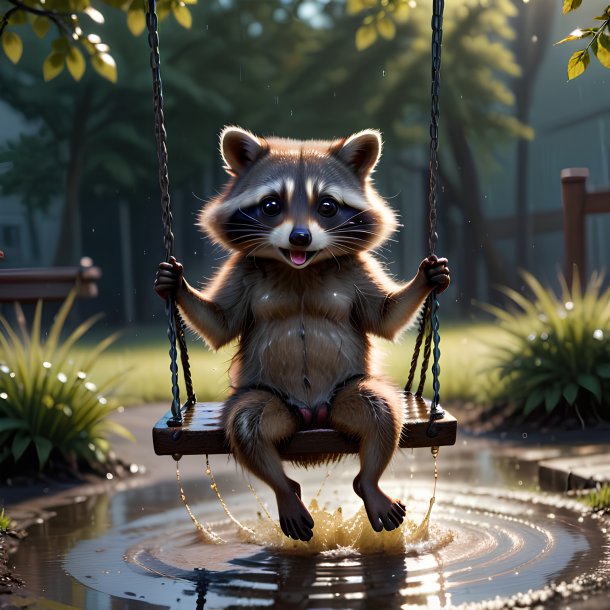 Image of a swinging on a swing of a raccoon in the puddle