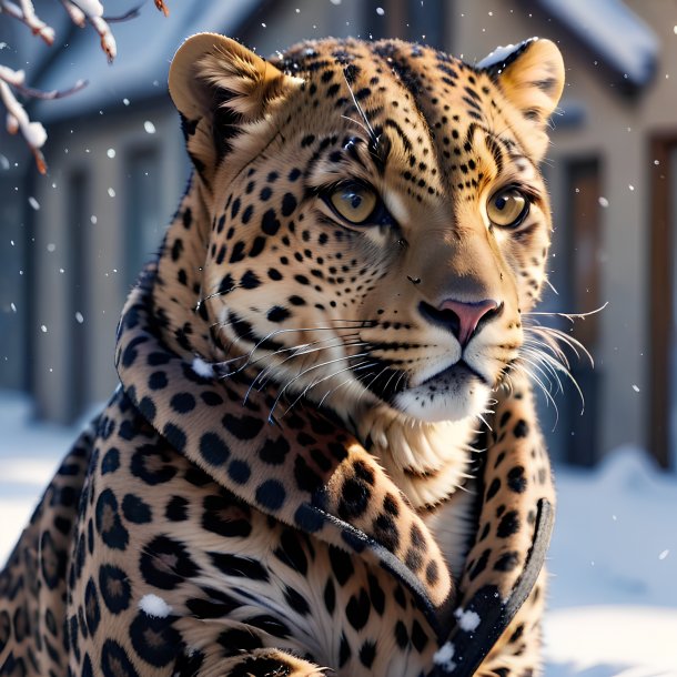 Picture of a leopard in a coat in the snow