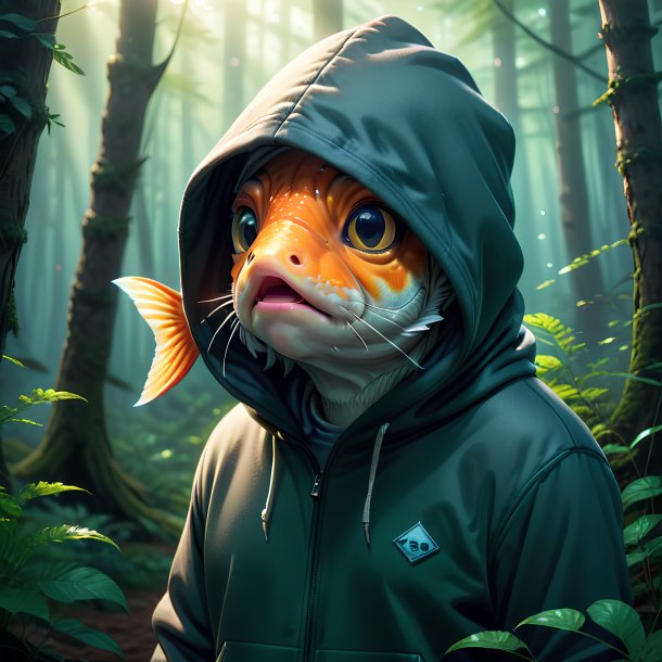 Ilustração de um peixe em um hoodie na floresta