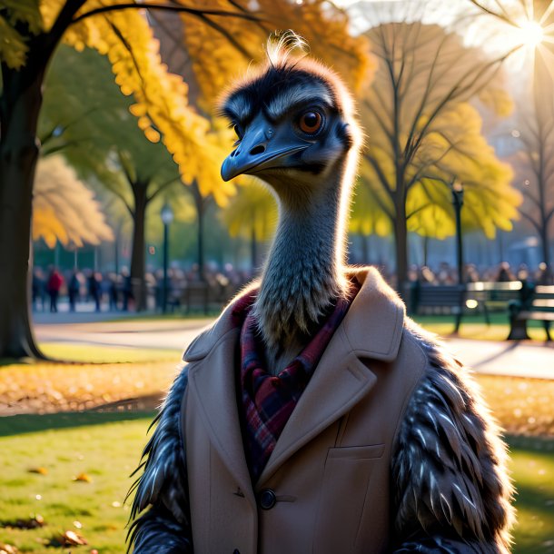 Pic of a emu in a coat in the park